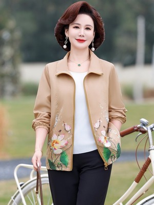 声雨竹旗舰店2024早春中年妈妈装小外套荷叶印花翻领短款外套中老