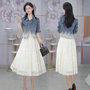 时髦洋气牛仔外套蕾丝拼接连衣裙两 新款 声雨竹时尚 套裙女2026春季
