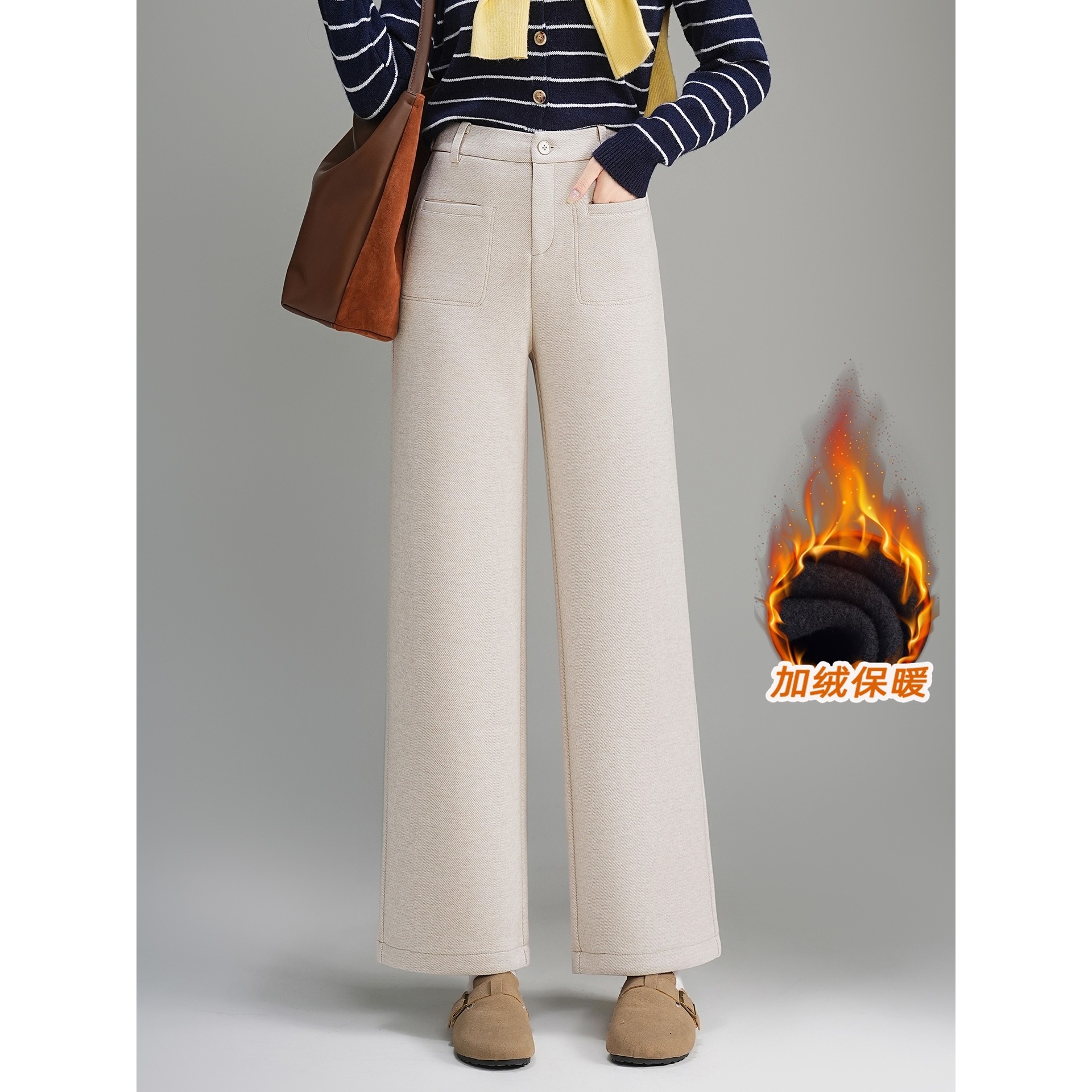声雨竹高腰羊毛呢阔腿裤女秋冬新款小个子加绒裤子保暖宽松休闲直