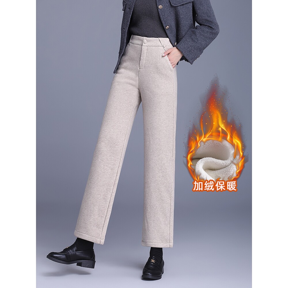 声雨竹羊毛呢直筒裤女秋冬小个子加绒裤宽松显瘦高腰加厚靴裤九分