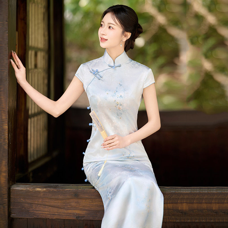 声雨竹蓝色无袖国风新中式苏州长款旗袍改良年轻款2026新款女高级