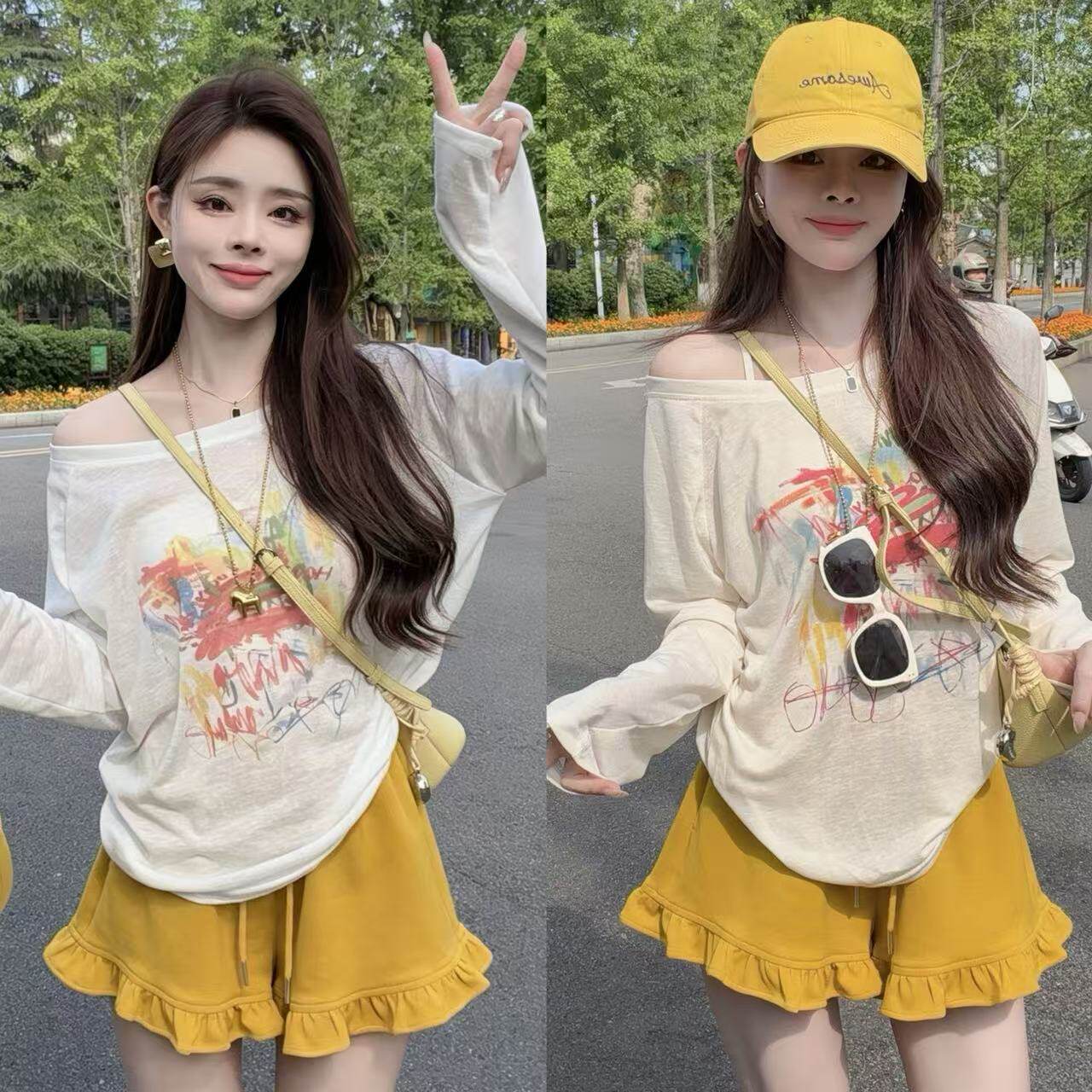 声雨竹夏天绝美小套装2026超火韩系时尚印花斜肩防晒长袖T恤短裤