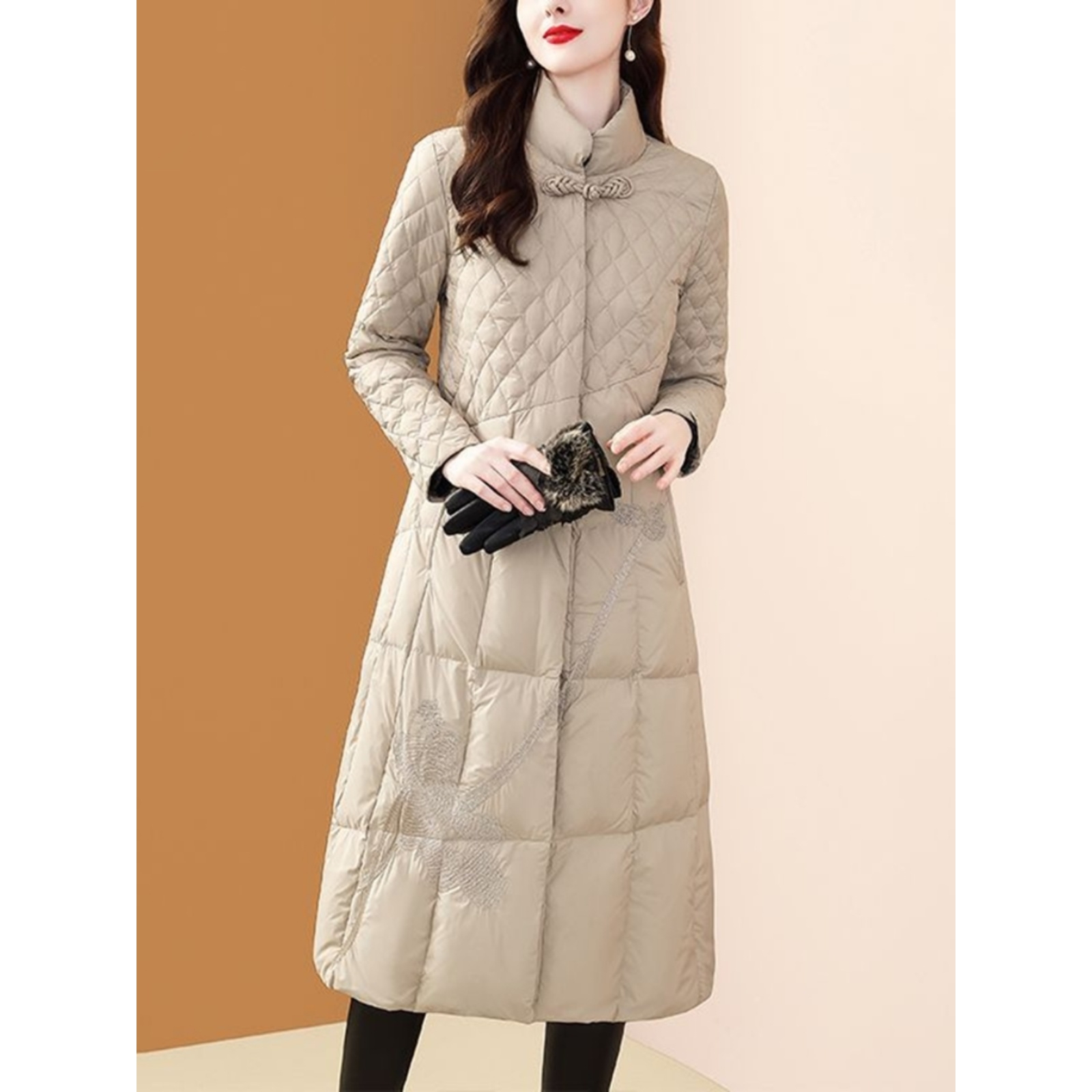 声雨竹羽绒棉服女冬季新款国风盘扣保暖轻薄中长款过膝外套