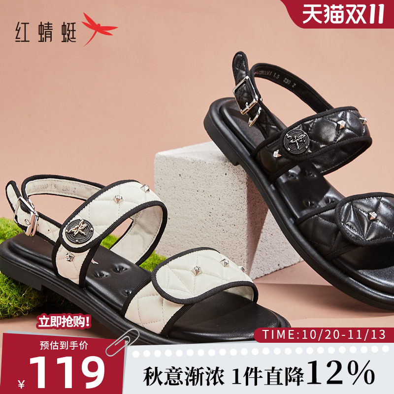 红蜻蜓休闲凉鞋女夏季新款平底舒适小香风菱格铆钉双带扣休闲鞋