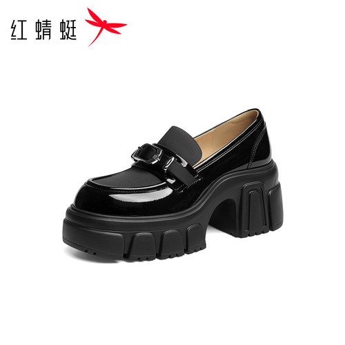 红蜻蜓乐福鞋女秋季新款时尚厚底黑色漆皮一脚蹬增高舒适小皮鞋