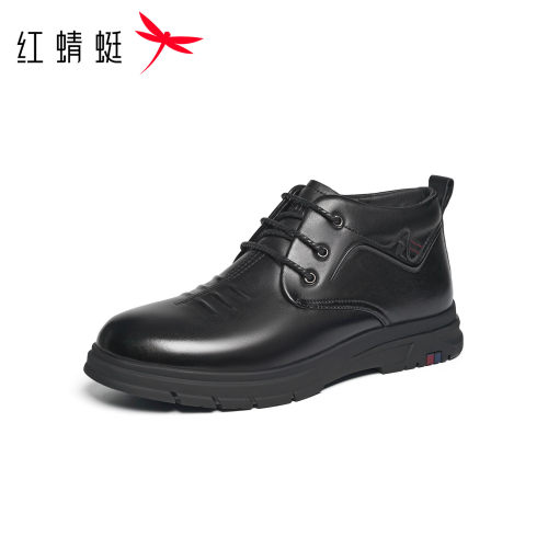 红蜻蜓时尚休闲鞋男冬季新款真皮高帮鞋系带商务加绒保暖爸爸鞋