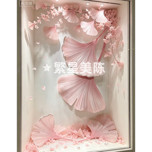 仿真粉色银杏叶立体美陈橱窗布置