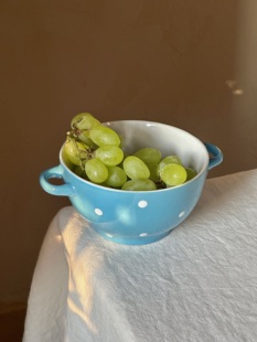 可爱沙拉水果盆釉下彩微瑕 蓝色水玉 NfT 乡村复古波点陶瓷双耳碗