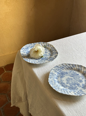 NfT 中古日本青花骨瓷波浪方盘 复古乡村蓝色浅篮花卉平盘 甜品盘