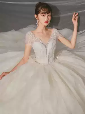 Main wedding dress 2021 new bride big tailing luxury French Light Super immortal cover thick arm summer