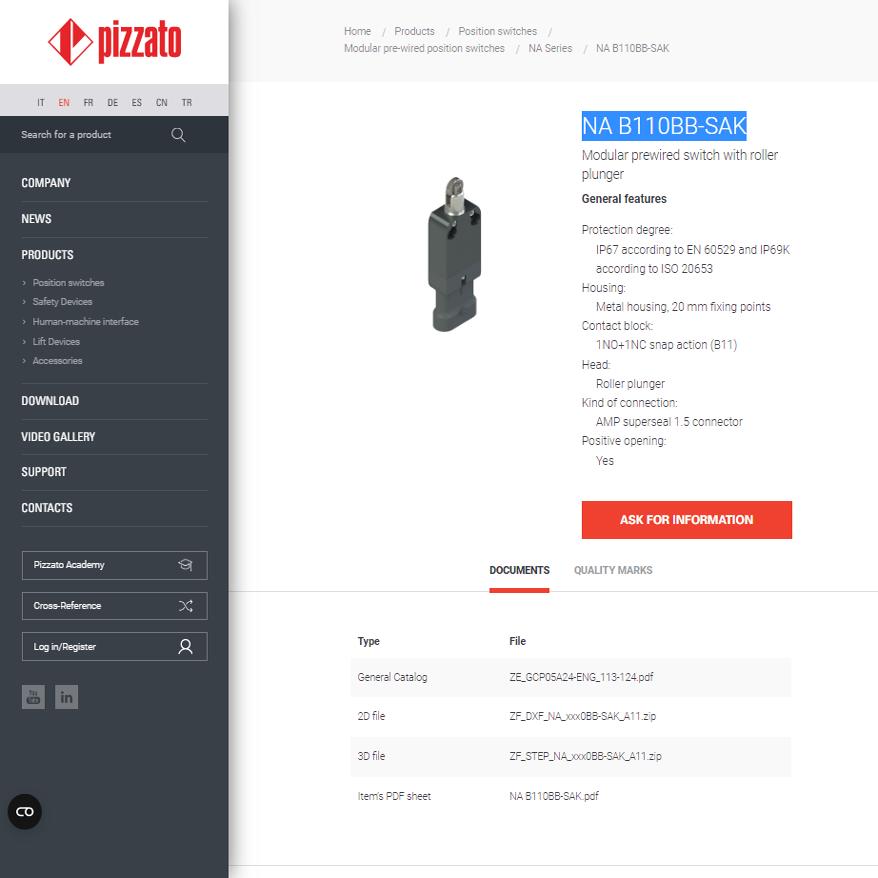 pizzato行程开关NA B110BB-SAK