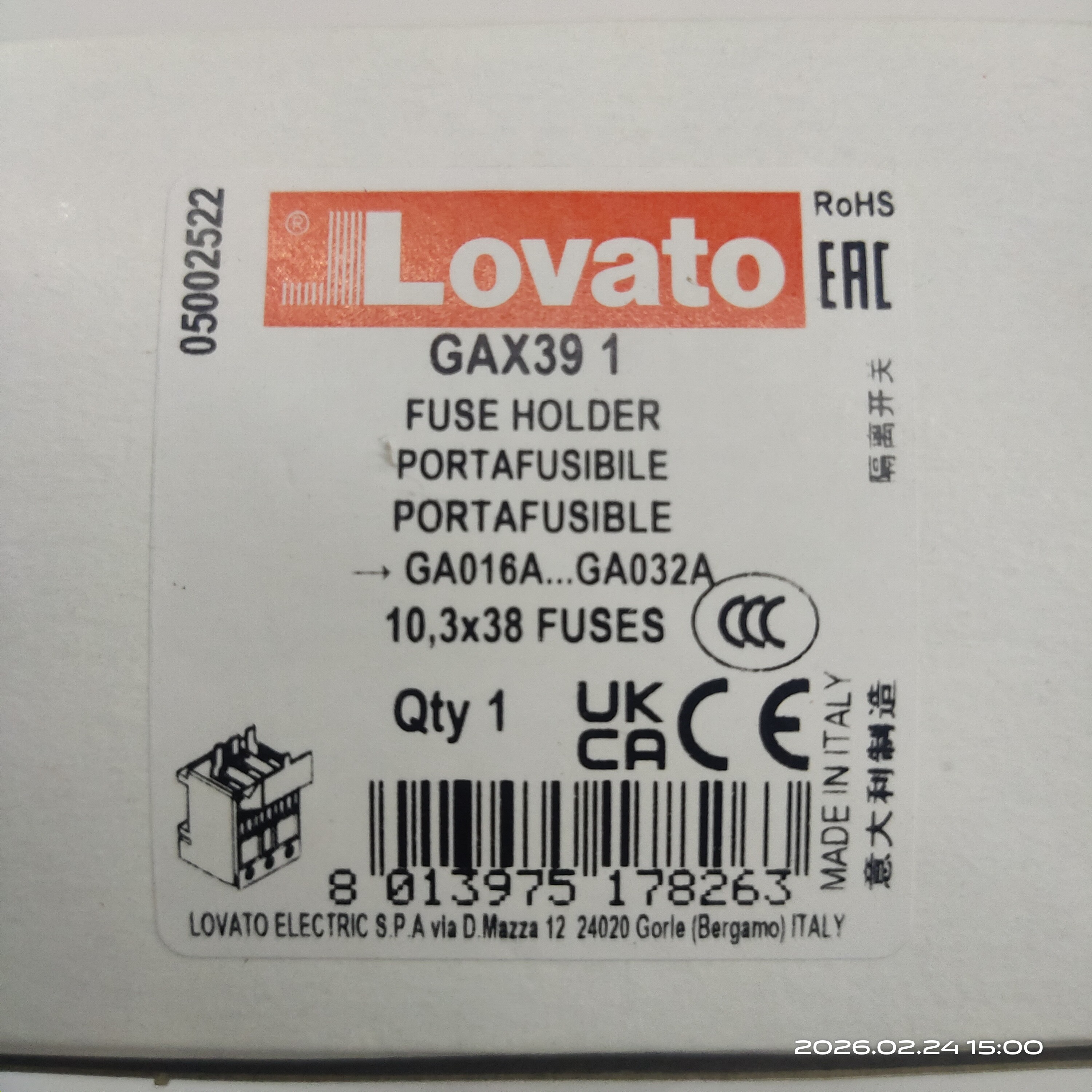 LOVATO GAX391隔离开关适用for GA016 A-GA032 A.