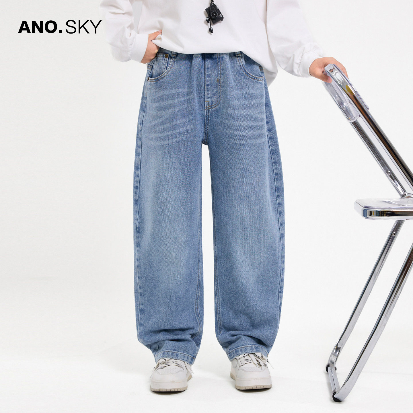 anothersky男童春秋宽松直筒阔腿牛仔裤2026新款儿童冰丝凉感裤子