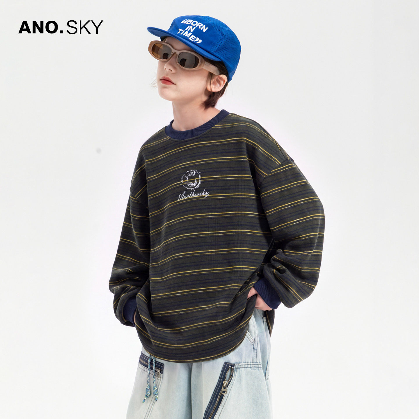 anothersky男童春秋季潮牌条纹运动卫衣2026新款儿童秋装街舞上衣
