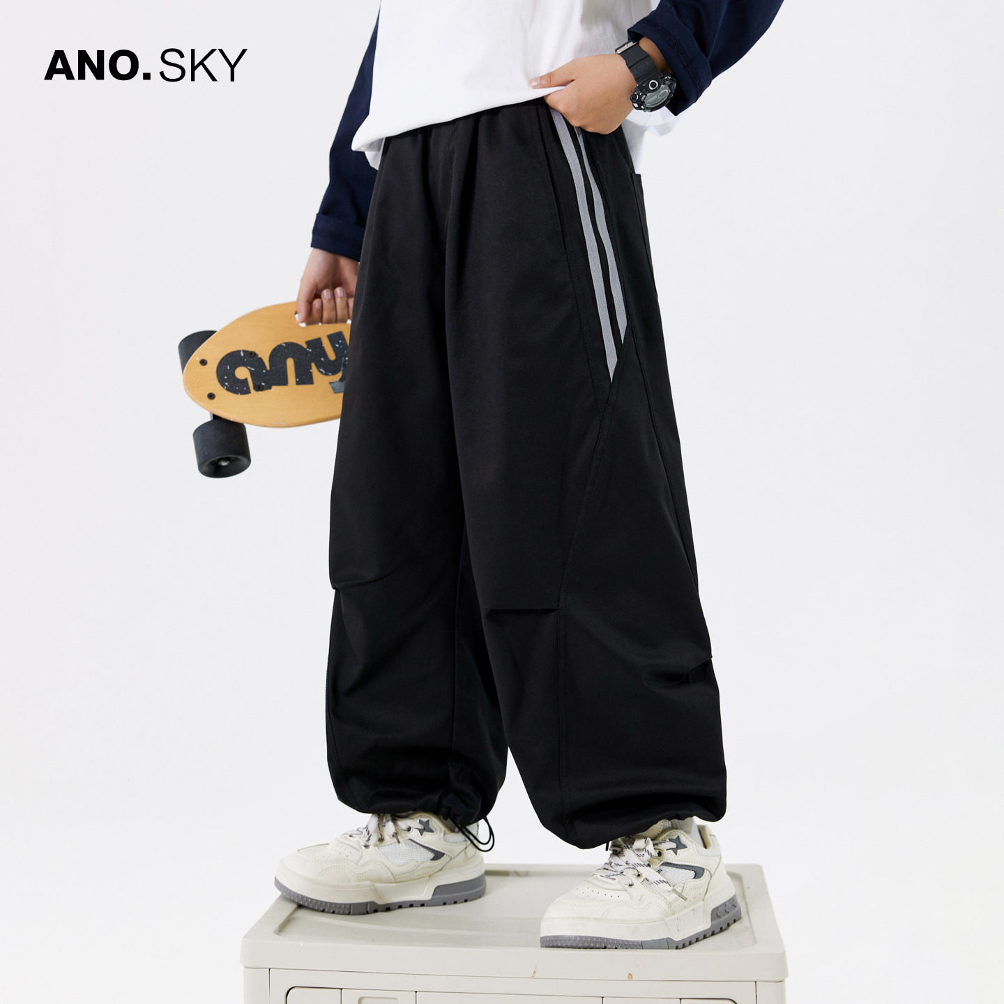 anothersky 男童裤子青少年秋季黑色运动休闲裤2026新款儿童长裤