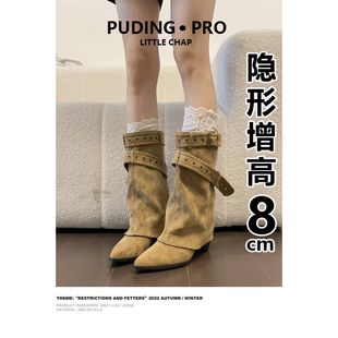 真皮版~内增高小个子法式西部牛仔靴女秋冬新款尖头铆钉骑士短靴