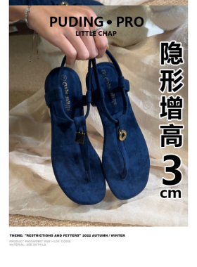 法式复古罗马凉鞋女2026夏季新款一字带夹趾增高3cm深蓝色休闲鞋