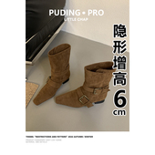 牛皮版 内增高6cm西部牛仔靴女2025新款 秋冬加绒粗跟短靴马丁靴子