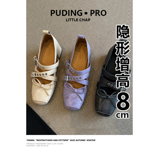 羊皮版~复古内增高交叉带方头玛丽珍鞋女款春季小个子芭蕾舞单鞋