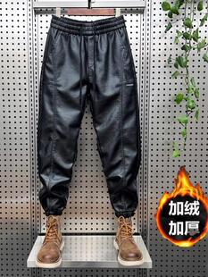小脚裤 潮牌1212秋冬季 骑手防水防风保暖休闲裤 PU皮裤 加绒加厚男士