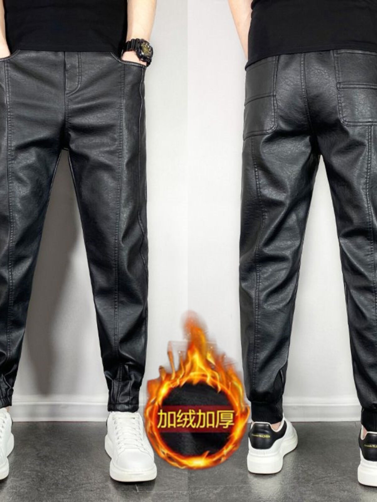 潮牌1313加绒加厚皮裤男士束脚小脚裤秋冬季机车防风保暖休闲长裤