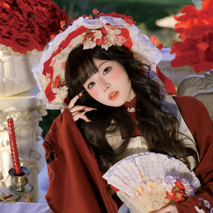 汉洋折衷六芒星lolita原创蕾丝绒红白梅花新年圣诞头饰bnt礼帽子