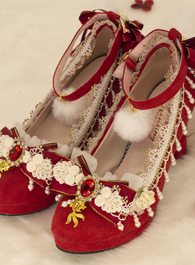 [中国娃娃]六芒星原创lolita手作lo鞋小瑞虎新年红色中华风高跟鞋