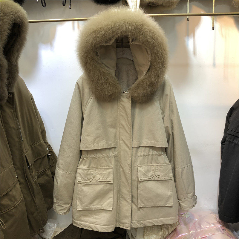 加绒加厚派克服2020冬新款狐狸毛领连帽中长款收腰工装棉服外套女