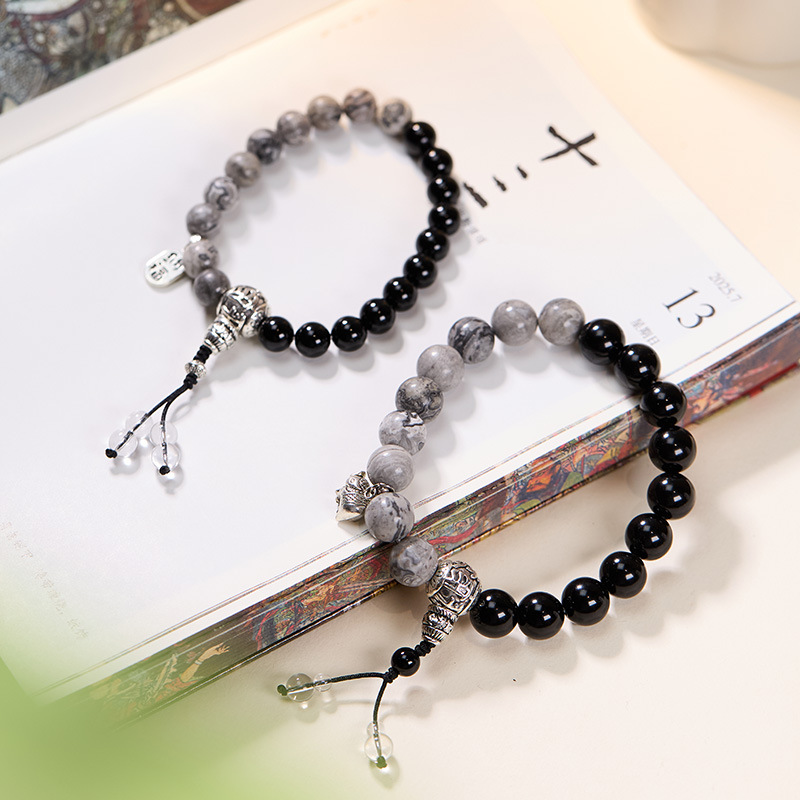 中国风情侣地图石黑玛瑙手串平安顺遂吉祥如意文创寺庙同款手链