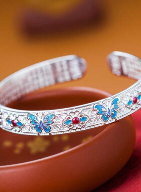 新中式珐琅彩烧蓝蝴蝶心经手镯女国潮古法时尚镀9999足银开口手环
