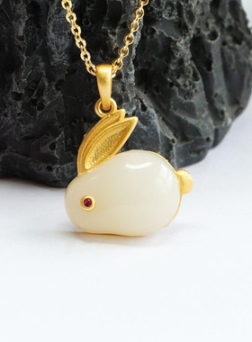 S925银镶天然和田玉吊坠白玉兔子项链新款高级可爱百搭兔子吊坠