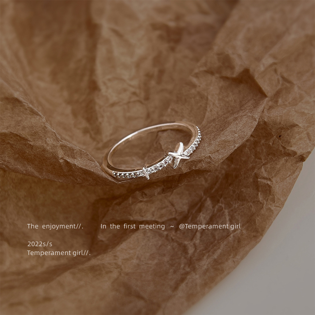 微镶锆石芒星戒指通用码电镀真白金个性ins小众设计师款指环工厂