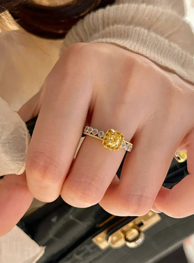 老钱风植物系黄钻方糖菠萝戒指小众高级感精致时尚轻奢简约钻戒女