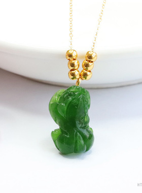 S925银镶天然和田玉吊坠18k金珠碧玉貔貅毛衣链送女友礼物绿玉髓