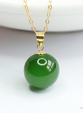 天然和田玉吊坠18k金镶碧玉圆珠玉石锁骨链圆珠吊坠和田玉珠
