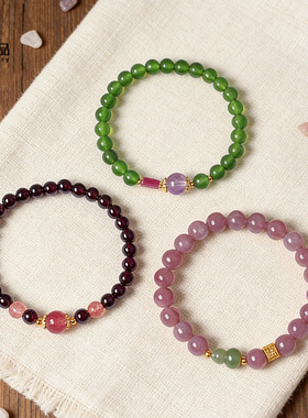 天然石榴石粉水晶串珠手链女小众高级感和田玉葫芦手串手饰批发