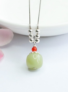 S925银镶天然和田玉项链桶珠路路通小众设计感锁骨链原创配饰