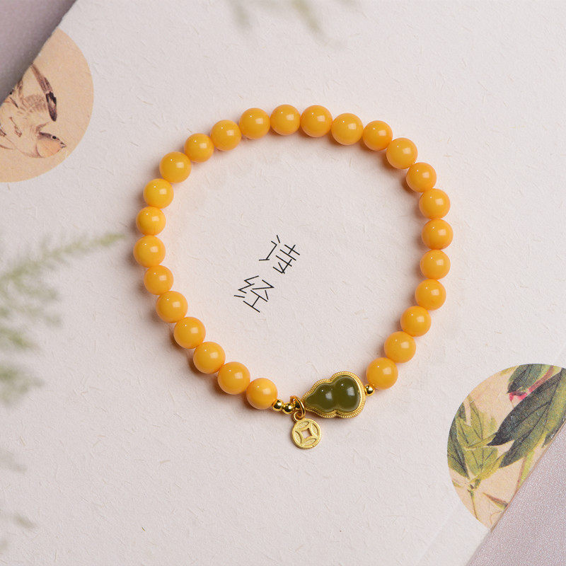 蜜蜡手串女款6.5mm鸡油黄蜜蜡和田玉葫芦手链福禄古风圆珠饰品,饰品/流行首饰/时尚饰品新,手链,淘宝优惠券,粉丝福利购,淘宝优惠卷