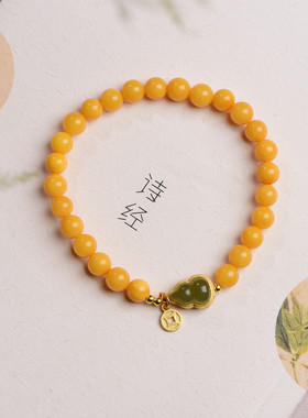 蜜蜡手串女款6.5mm鸡油黄蜜蜡和田玉葫芦手链福禄古风圆珠饰品