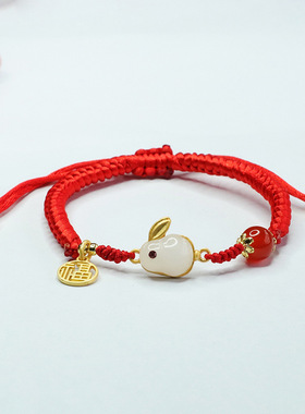 天然红玛瑙手绳玉髓圆珠福牌兔子手链手串本命年男女情侣编织