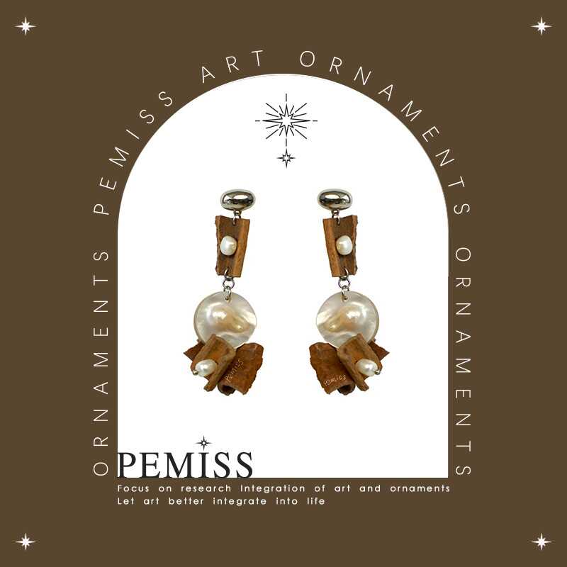 PEMISS原创肉桂植物天然贝壳淡水珍珠法式耳环木质民族风耳夹饰