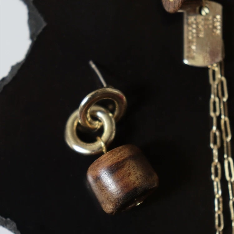 PEMISS檀木质S925银复古垂坠耳环