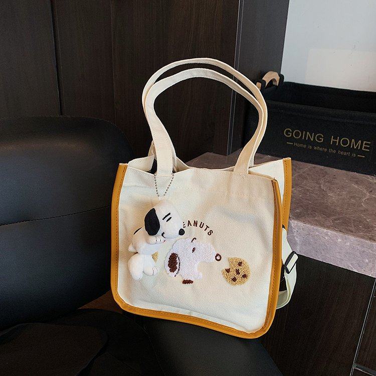 卡通小狗帆布托特包2025新款可爱外出小拎包手提饭盒包斜挎妈咪包