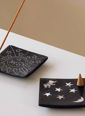 香插｜印度黑色正方形皂石大理石手工香插太阳星月首饰盘艺术摆件