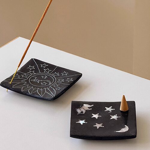 香插｜印度黑色正方形皂石大理石手工香插太阳星月首饰盘艺术摆件