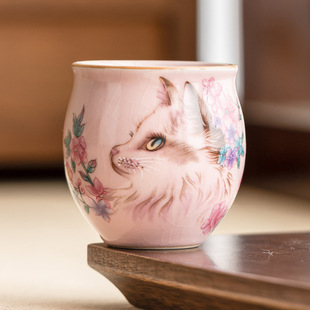 高颜值汝窑花猫龙蛋主人杯开片可养陶瓷茶杯个人专用品茗杯子茶盏