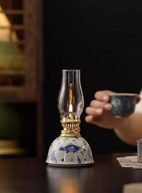 油灯复古怀旧青花鱼藻纹酥油灯