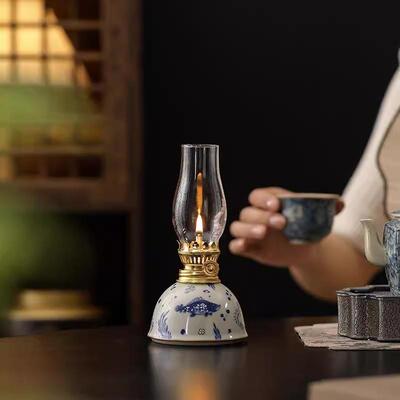 油灯复古怀旧青花鱼藻纹酥油灯