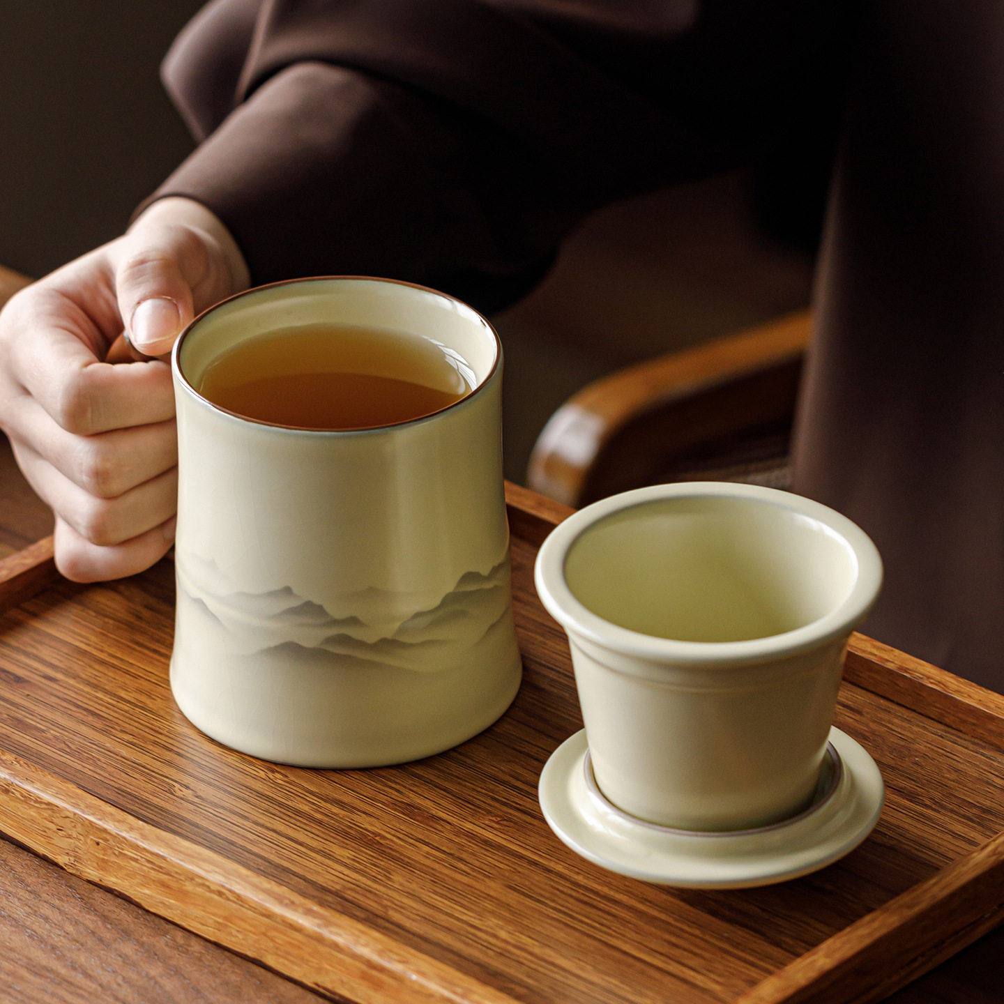 高颜值米黄汝窑水墨远山竹节办公泡茶杯陶瓷茶水分离喝茶杯,餐饮具,茶杯,淘宝优惠券,粉丝福利购,淘宝优惠卷