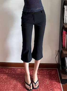 美式复古黑色修身微喇七分裤女